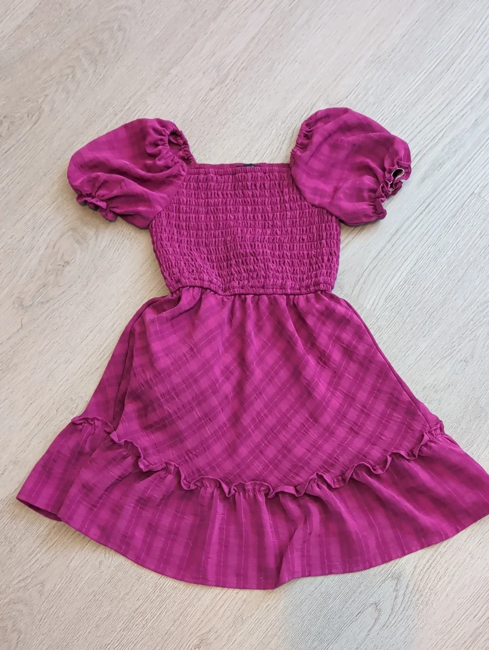 Girls' Puff-Sleeve Smocked Dress in Fuchsia